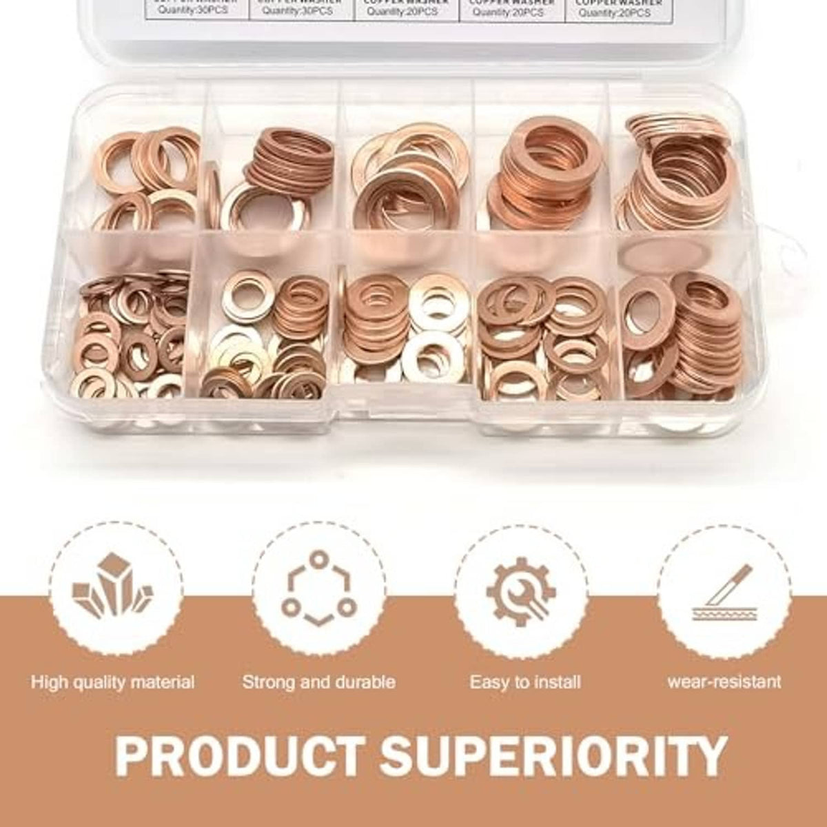 Copper crush washer assortment in divided clear box with multiple washer sizes