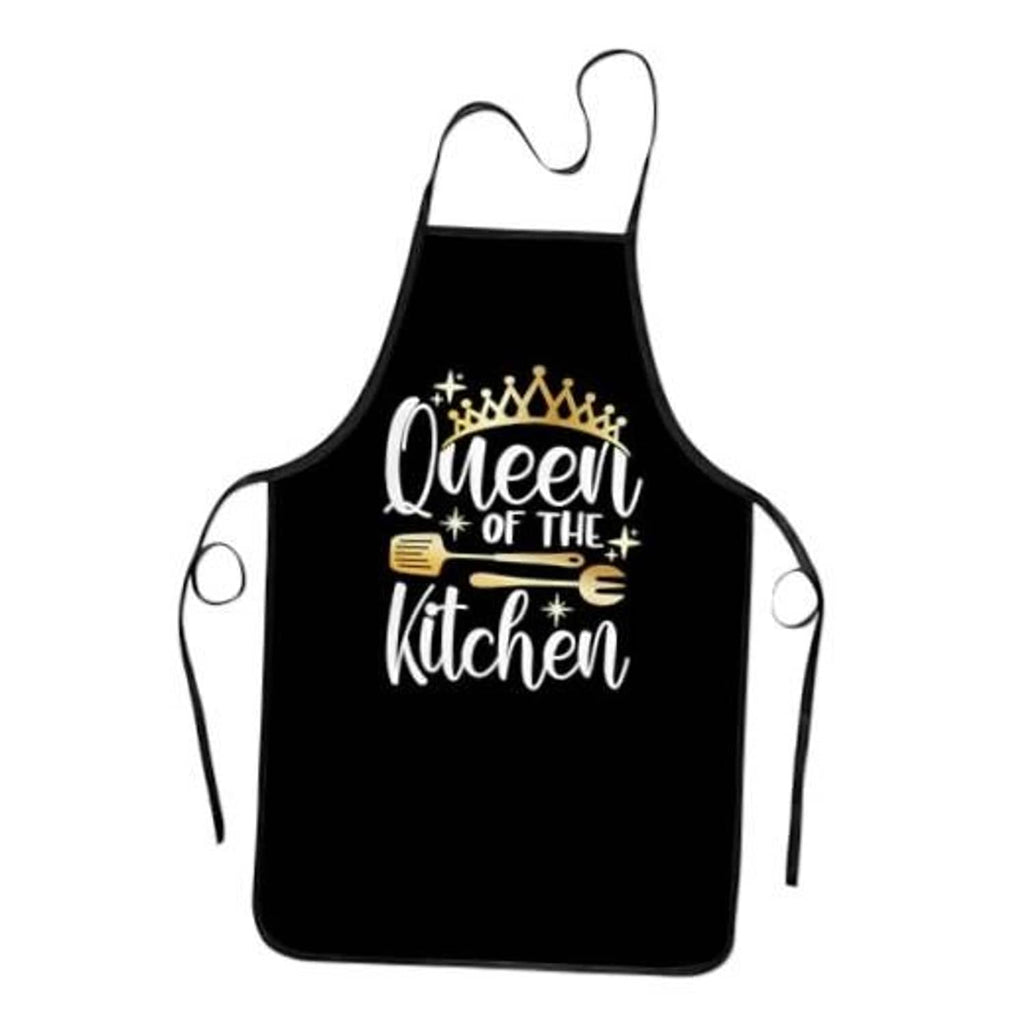 Black kitchen apron with front pocket and gold "Queen of the Kitchen" graphic text