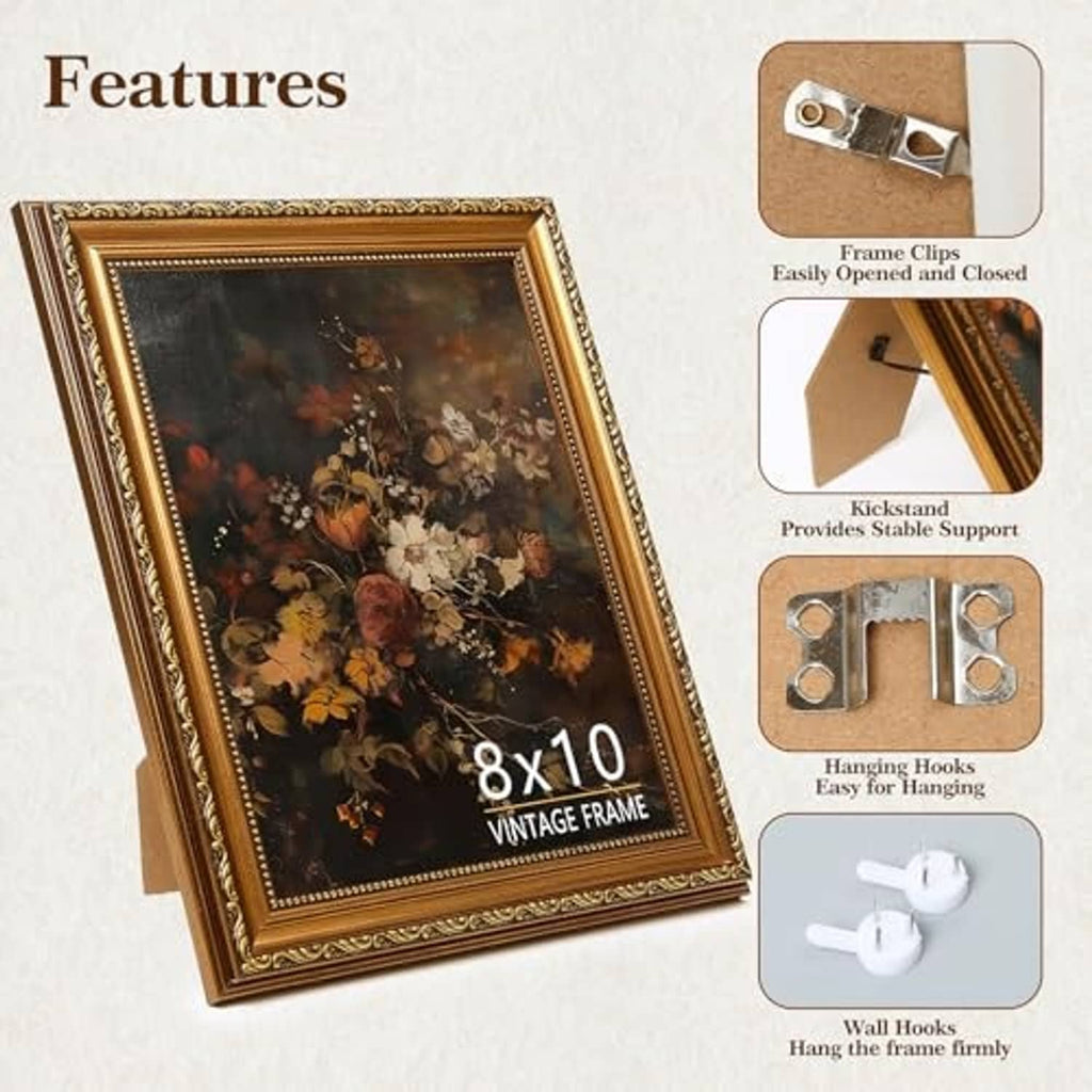 Bronze gold vintage 8x10 picture frame showing clips, kickstand support, and hanging hooks