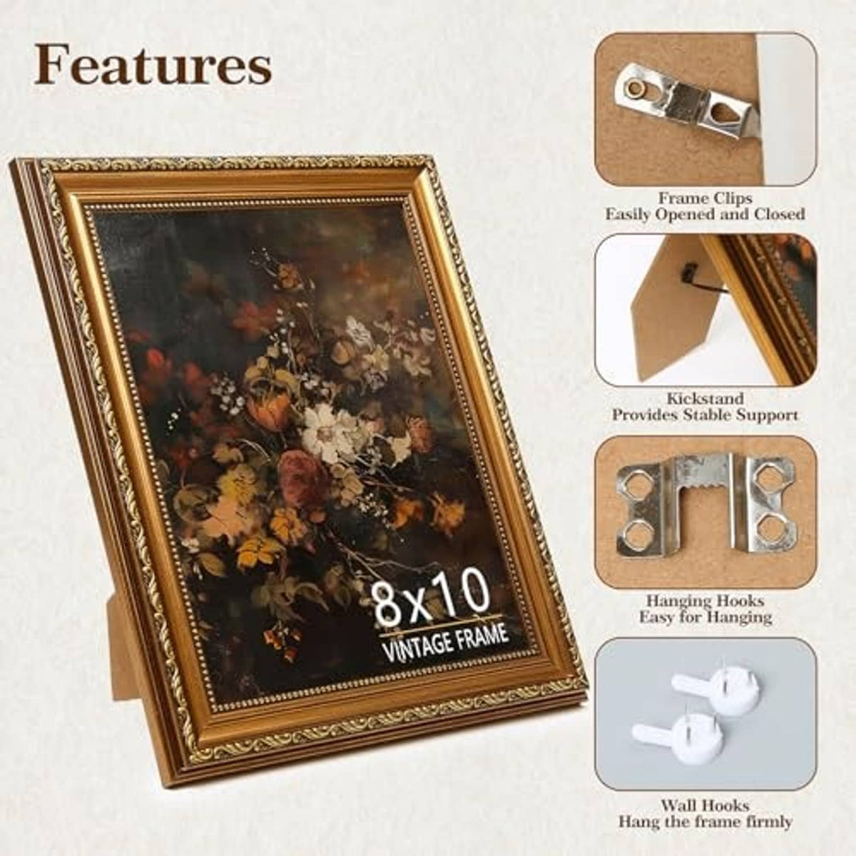 Bronze gold vintage 8x10 picture frame showing clips, kickstand support, and hanging hooks