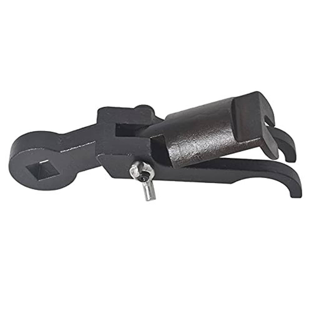 Rocker arm installer tool with curved handle, black metal and threaded stud