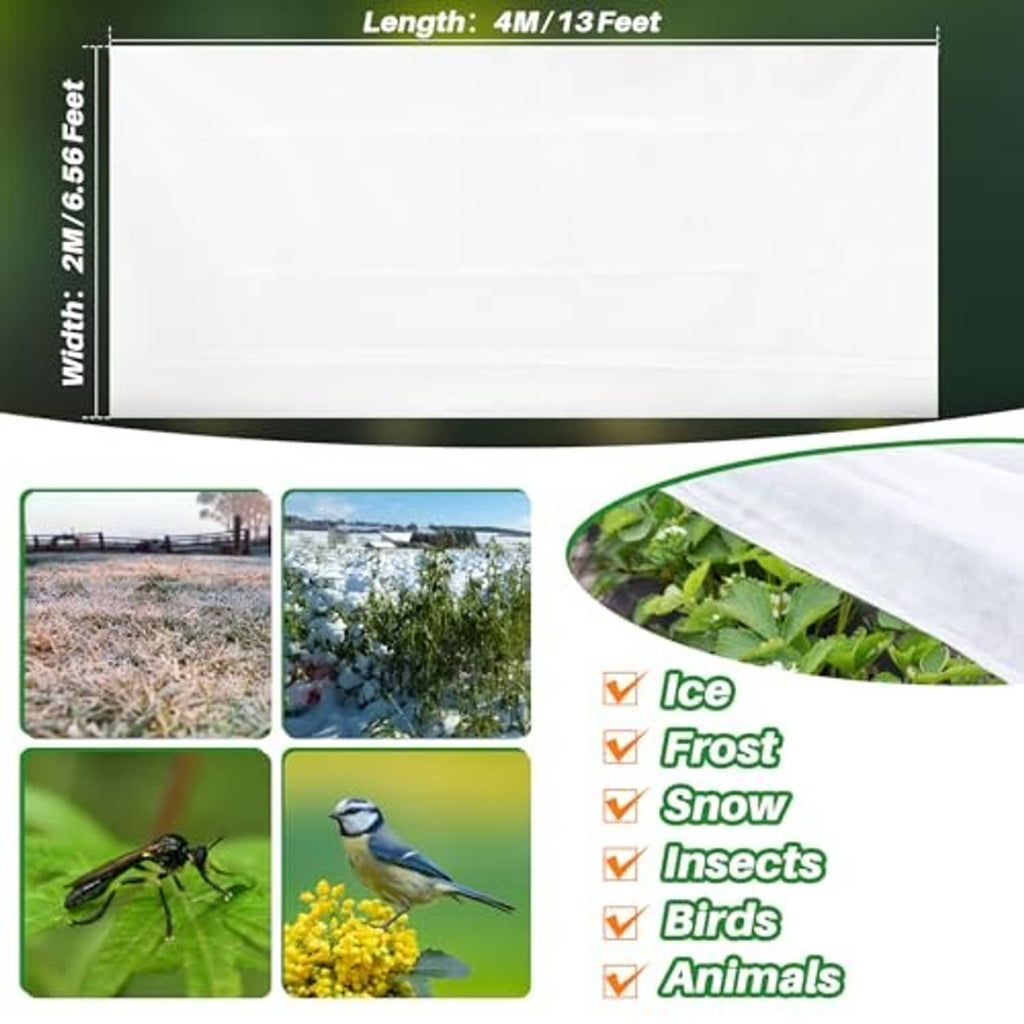 White plant cover with 4M/13 feet dimensions shown, lightweight frost cloth sheet