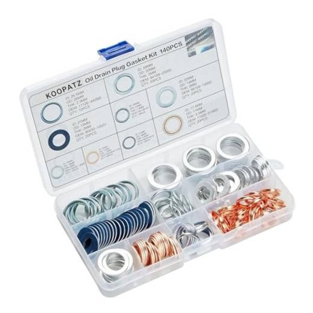 Oil drain plug gasket assortment kit with mixed silver, blue, and copper washers in case