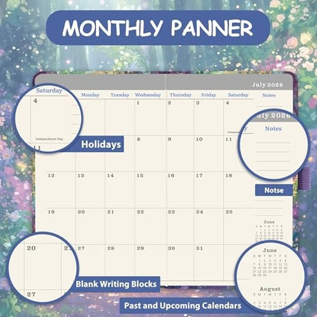 Pocket calendar 2026-2029 monthly planner layout with “Holidays” and “Notes” sections