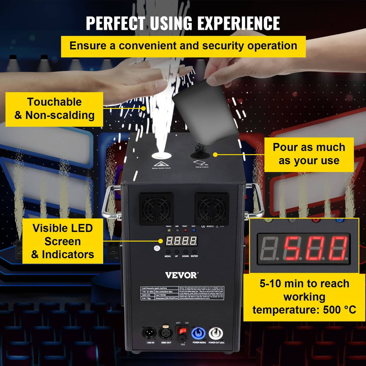 700W cold spark machine with front control panel and visible display