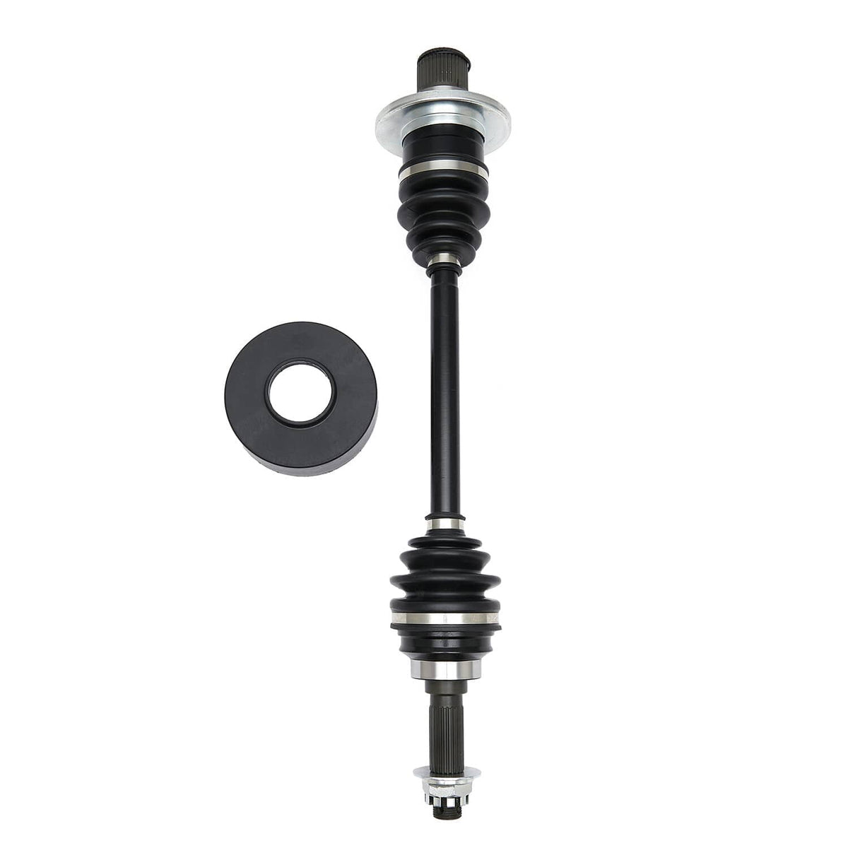 Single rear CV axle shaft with rubber boot, bearing hub end, and flat washer