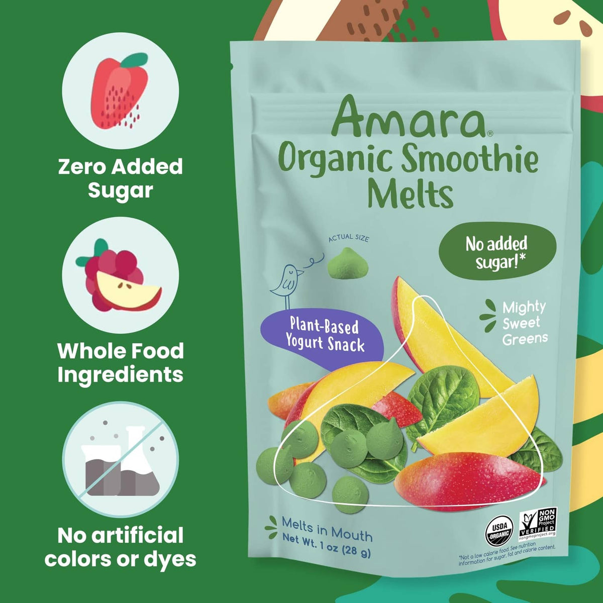 Amara Organic Smoothie Melts Mighty Sweet Greens pouch with no added sugar