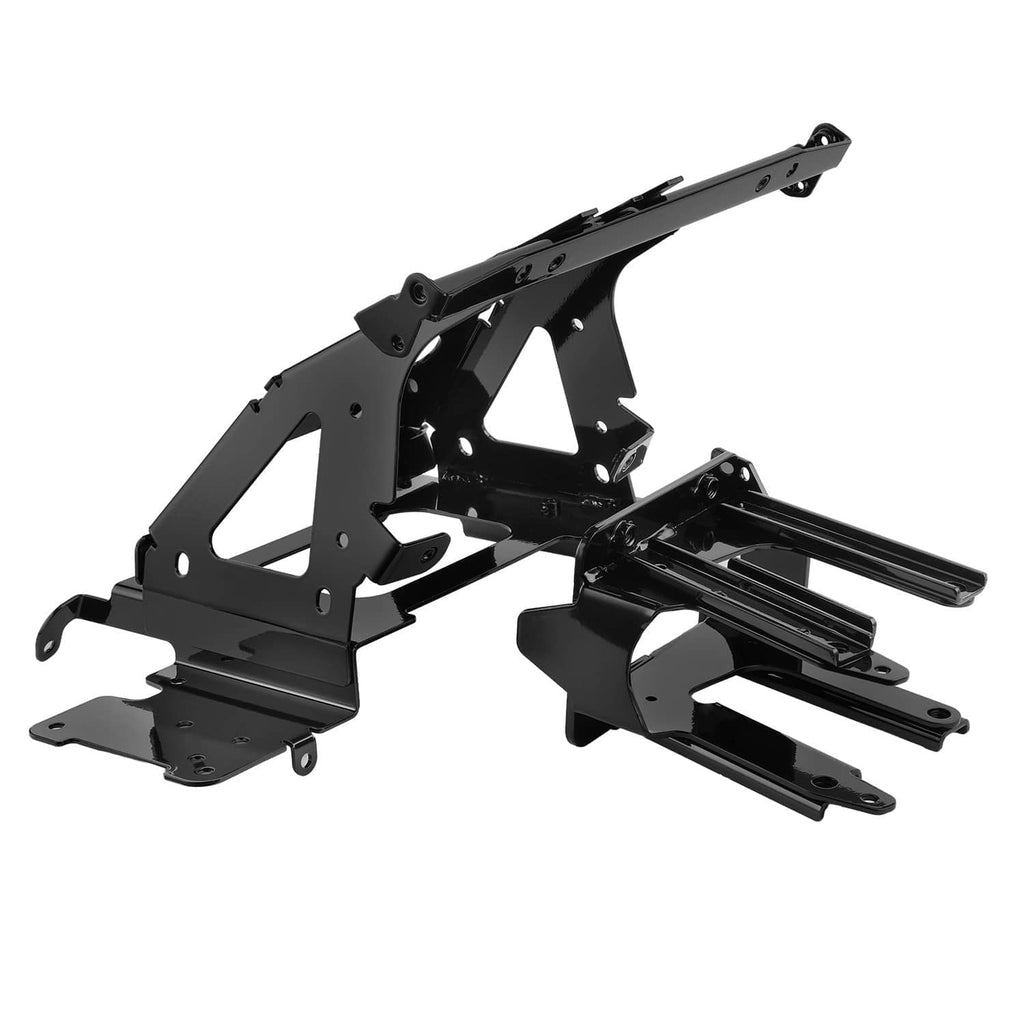 Black metal radio frame bracket mount with long support arms and mounting tabs