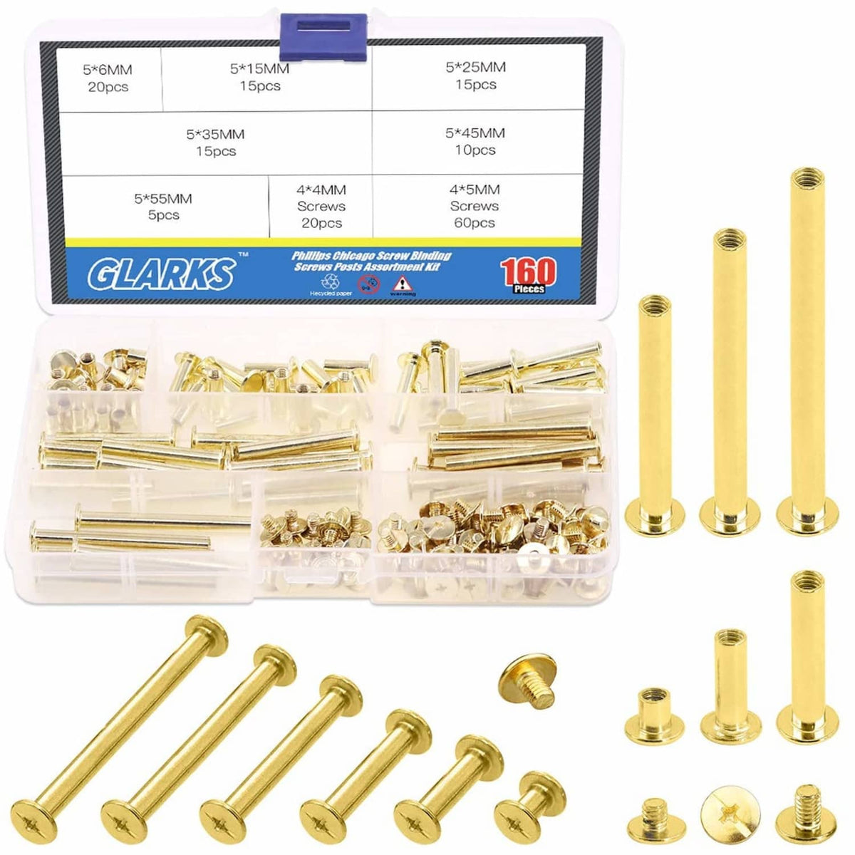 Brass-plated Chicago screws and posts, M5 gold pieces in organizer tray