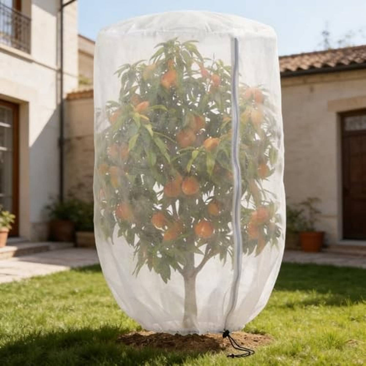 Outdoor plant shade cover bag with rounded top, clear zipper panel, and drawstring base