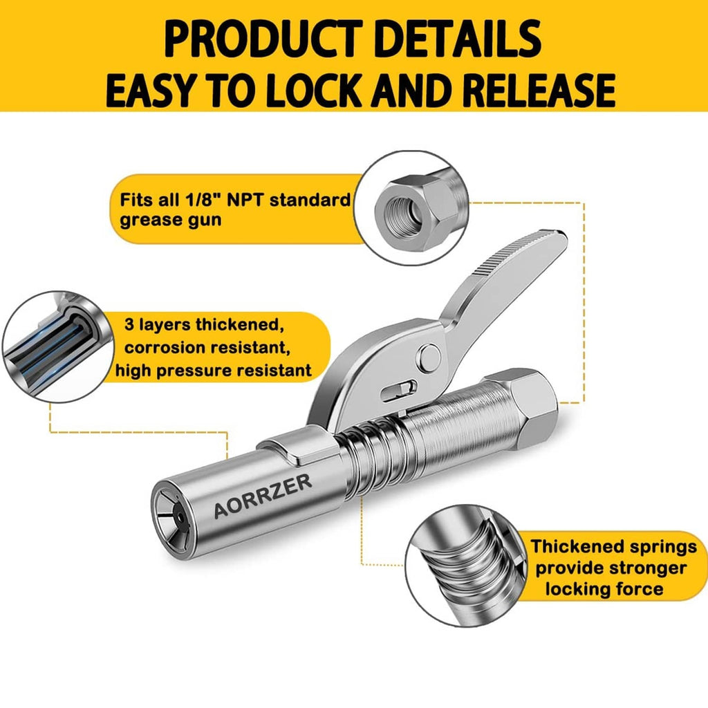 Silver grease gun coupler showing locking lever, spring, and threaded connection