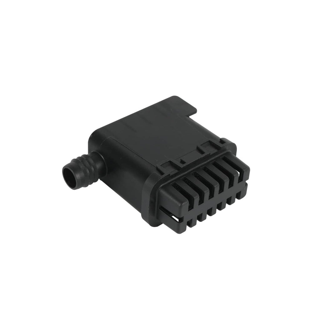 Vapor canister vent solenoid end view, black plastic housing with integrated electrical port