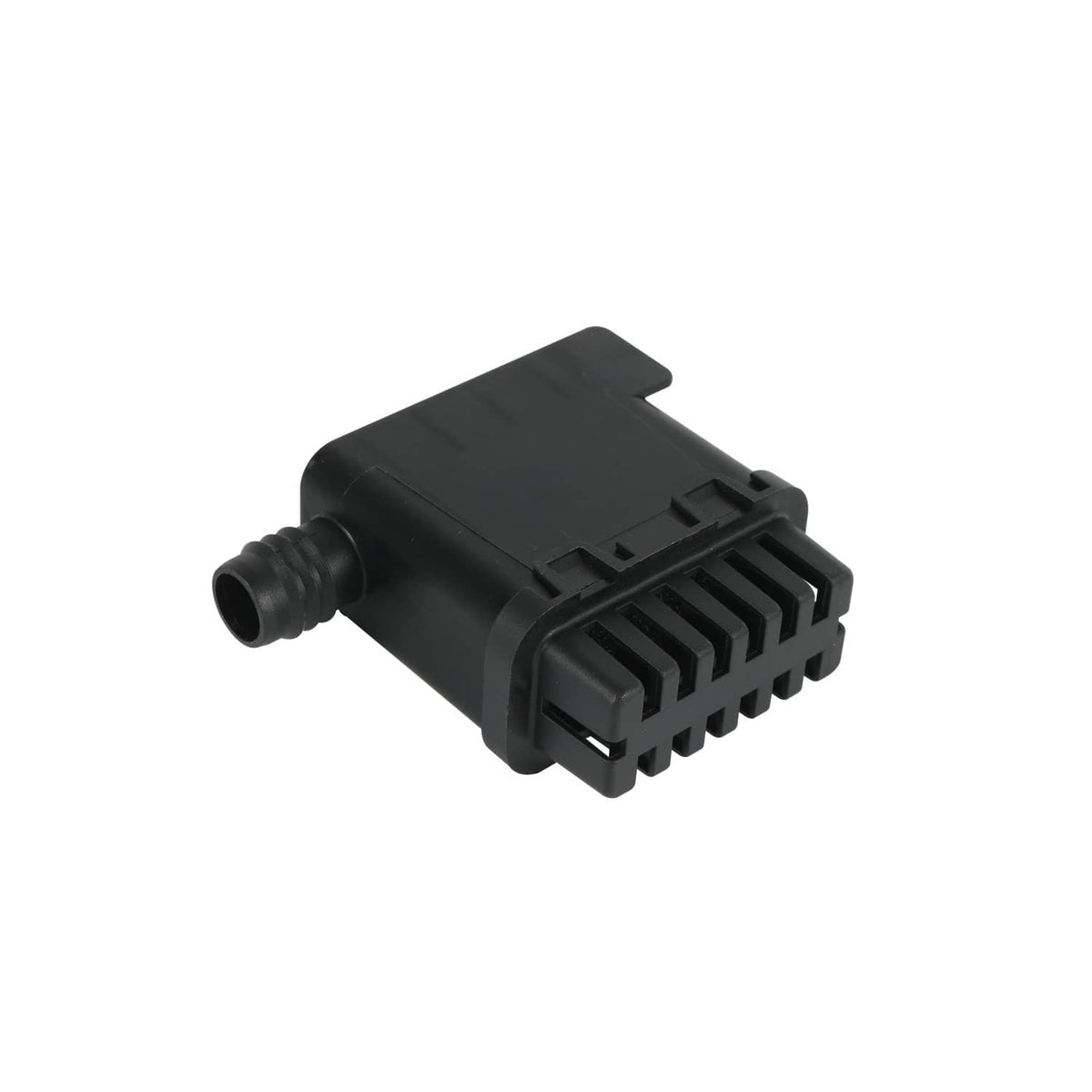 Vapor canister vent solenoid end view, black plastic housing with integrated electrical port