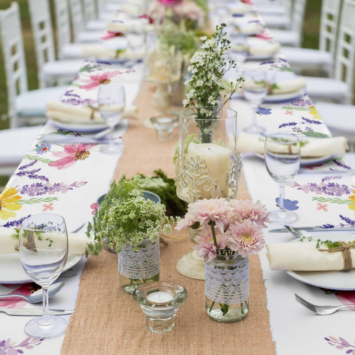 Spring floral tablecloth for outdoor dining, white with colorful butterfly and flower print