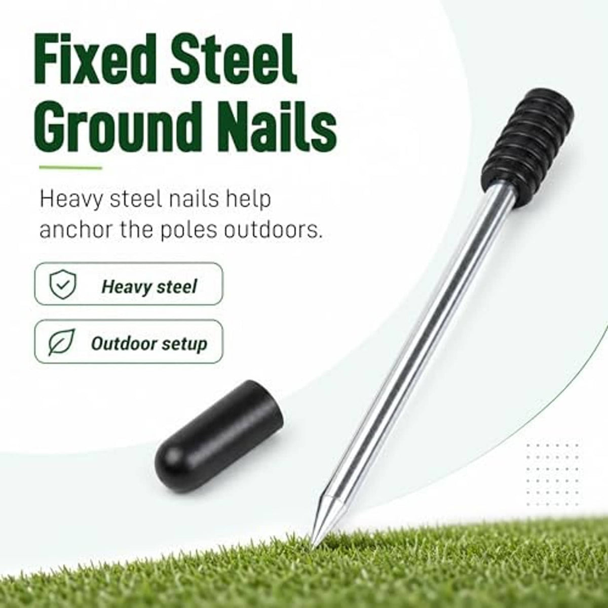 Fixed steel ground nail with black protective cap for outdoor agility poles