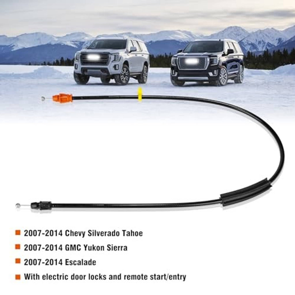 Inside door latch release cable, black cable with orange end and yellow marker, 31 in