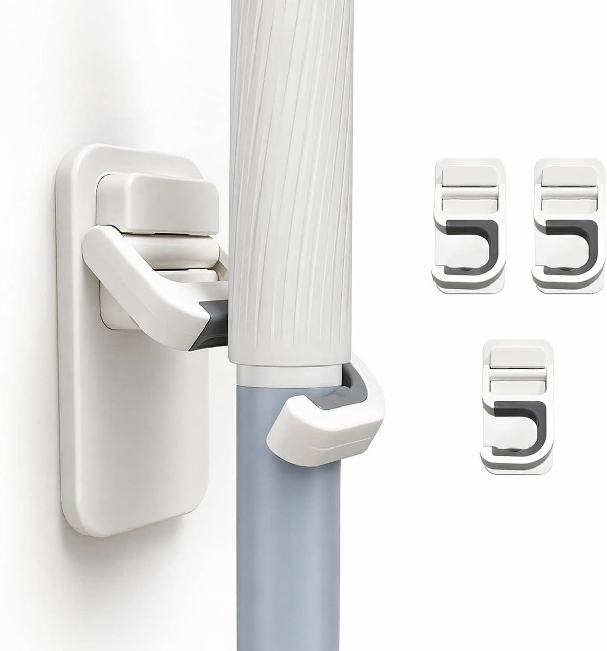 Wall-mount self-adhesive gripper hook holding broom handle, white