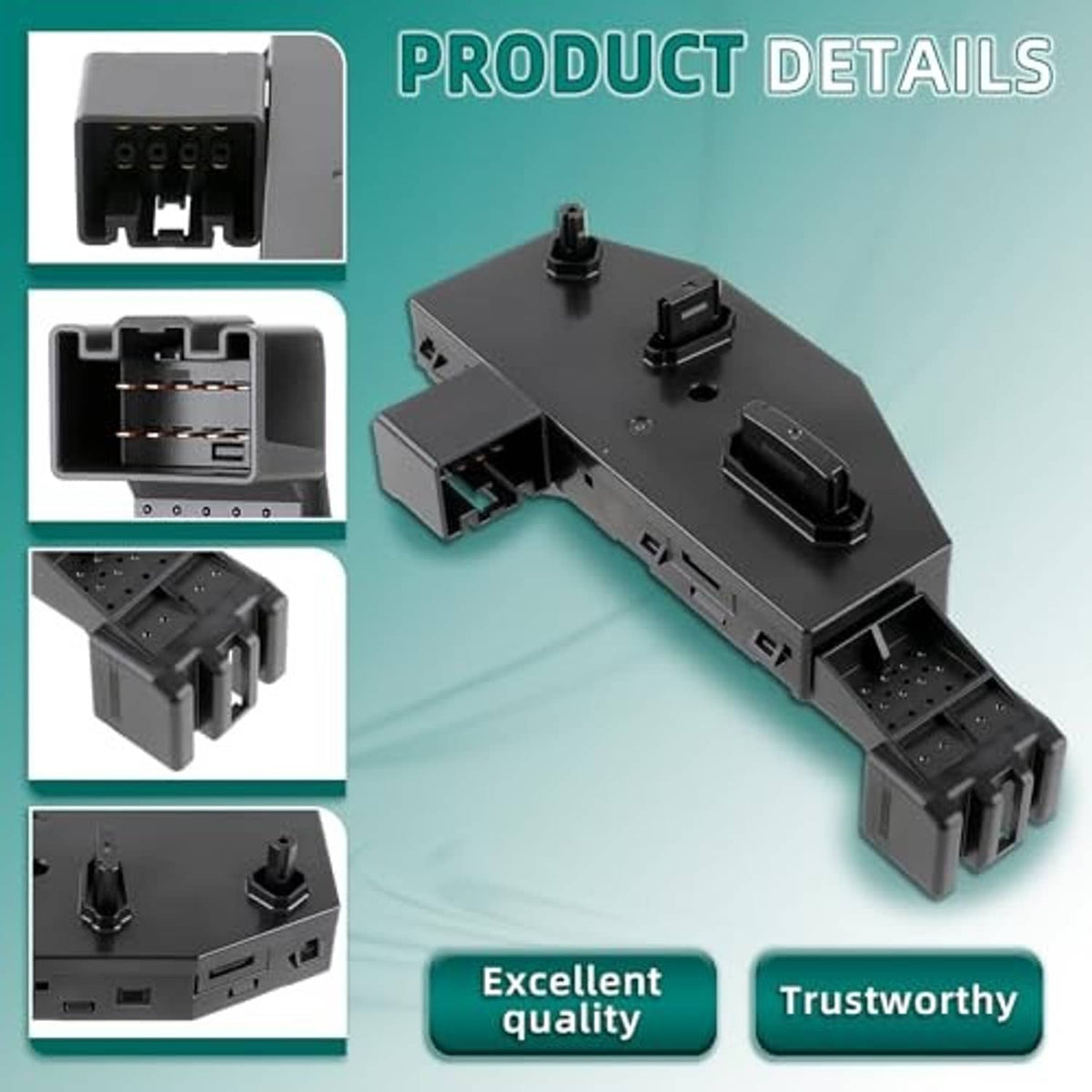 Black power seat control switch module detail with exposed connector openings