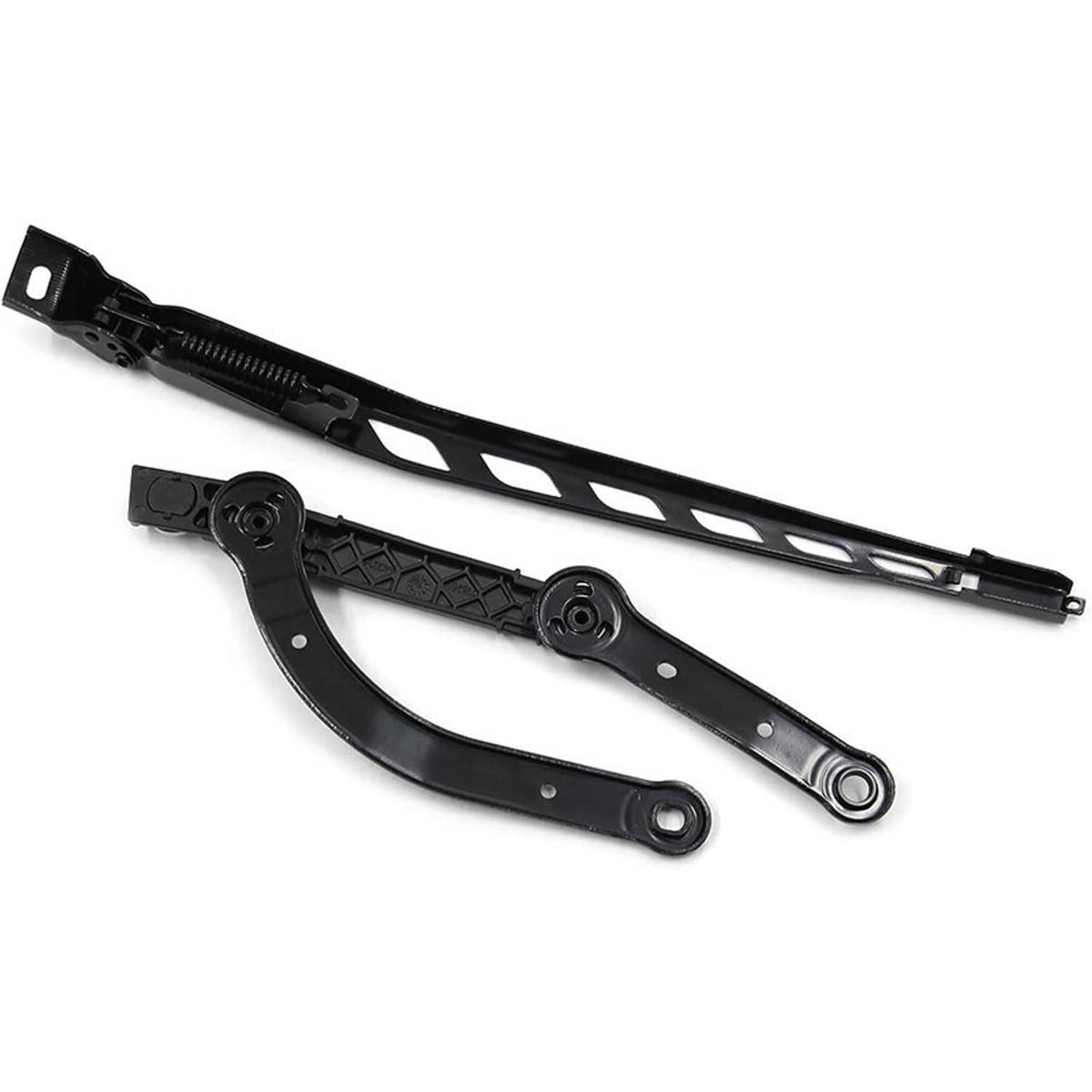 Black windshield wiper arm with pivot base and perforated blade frame, overhead view