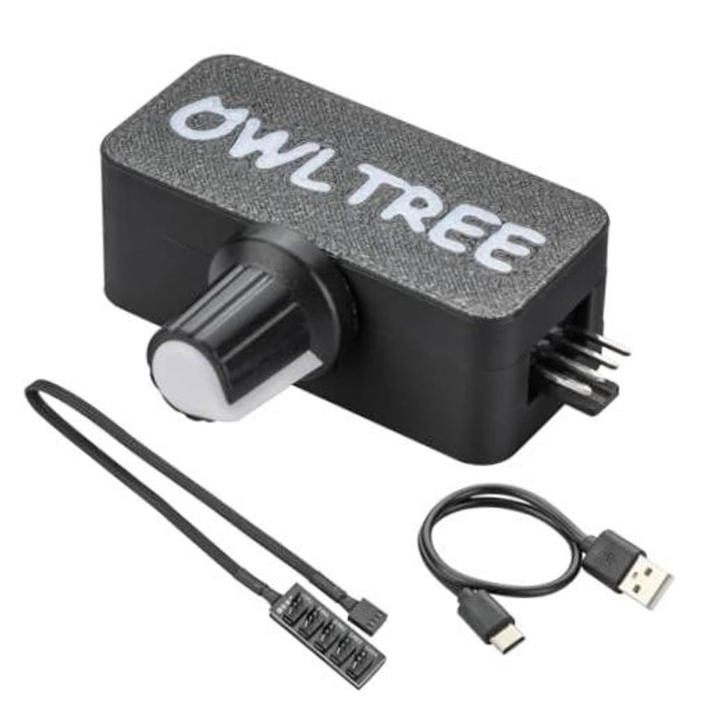 OWLTREE 4-pin 12V PWM fan controller, black box, USB-C cable, 4-pin connectors