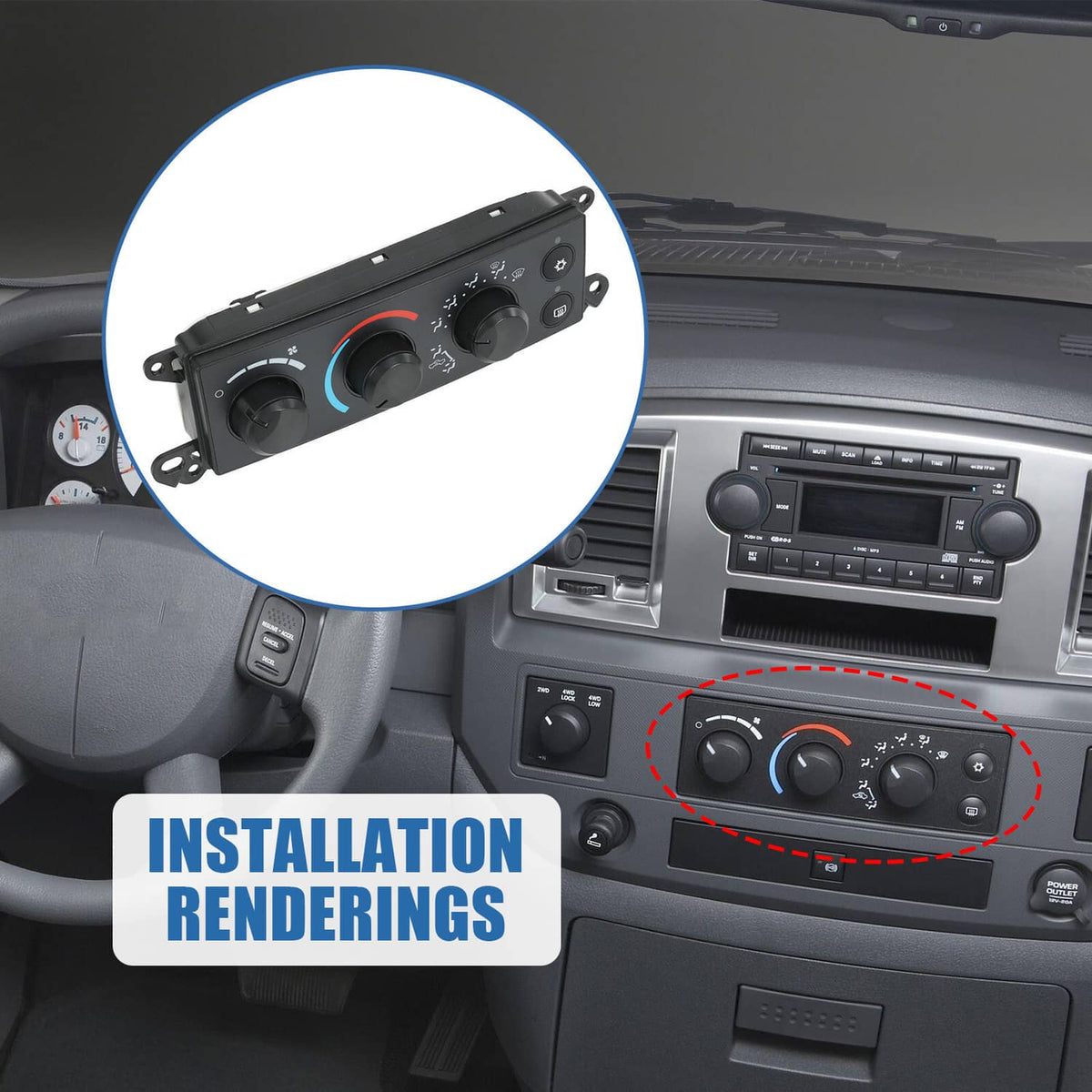 A/C heater climate control module mounted in the dashboard with three control dials.