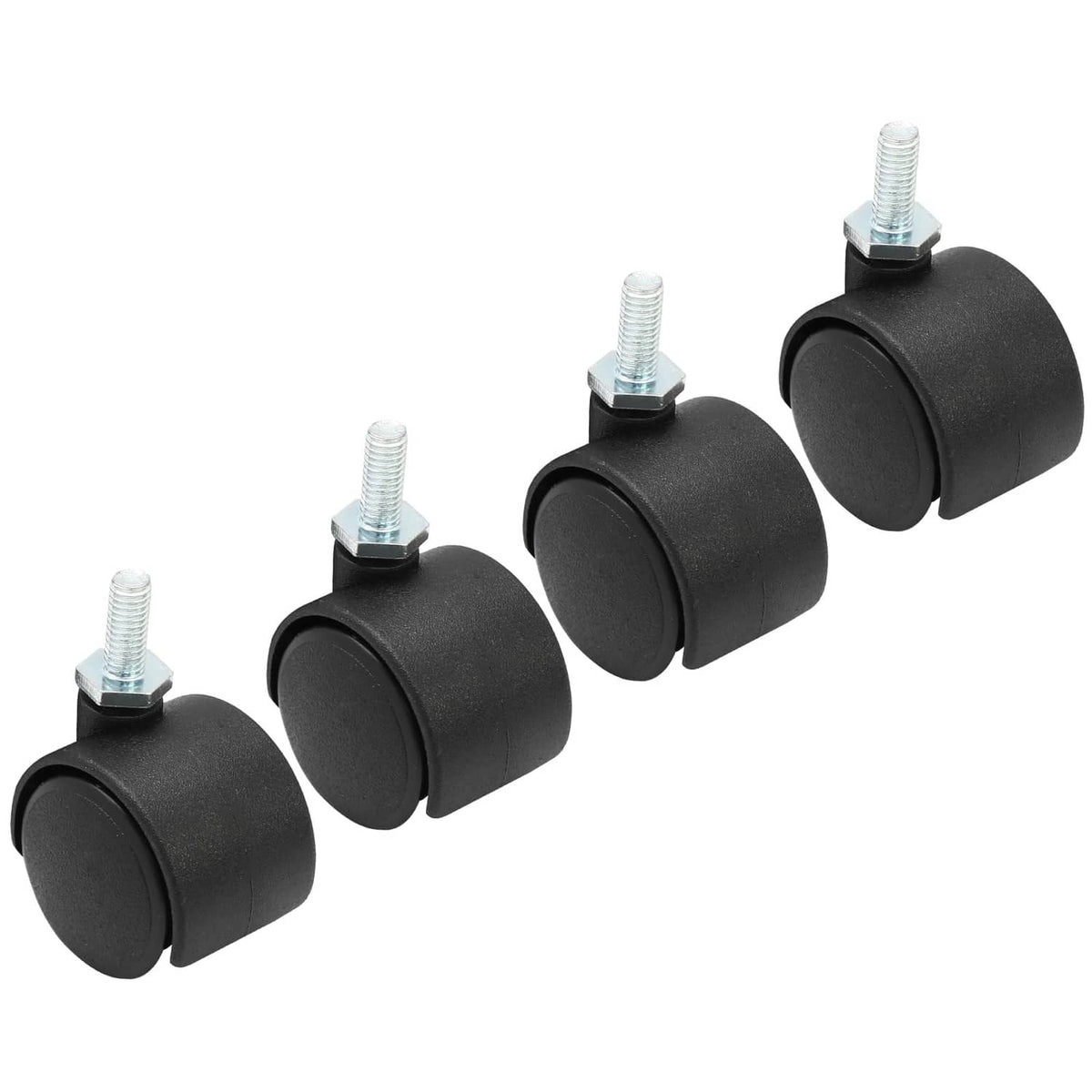 Four black swivel caster wheels with M6 threaded stems, multiple views