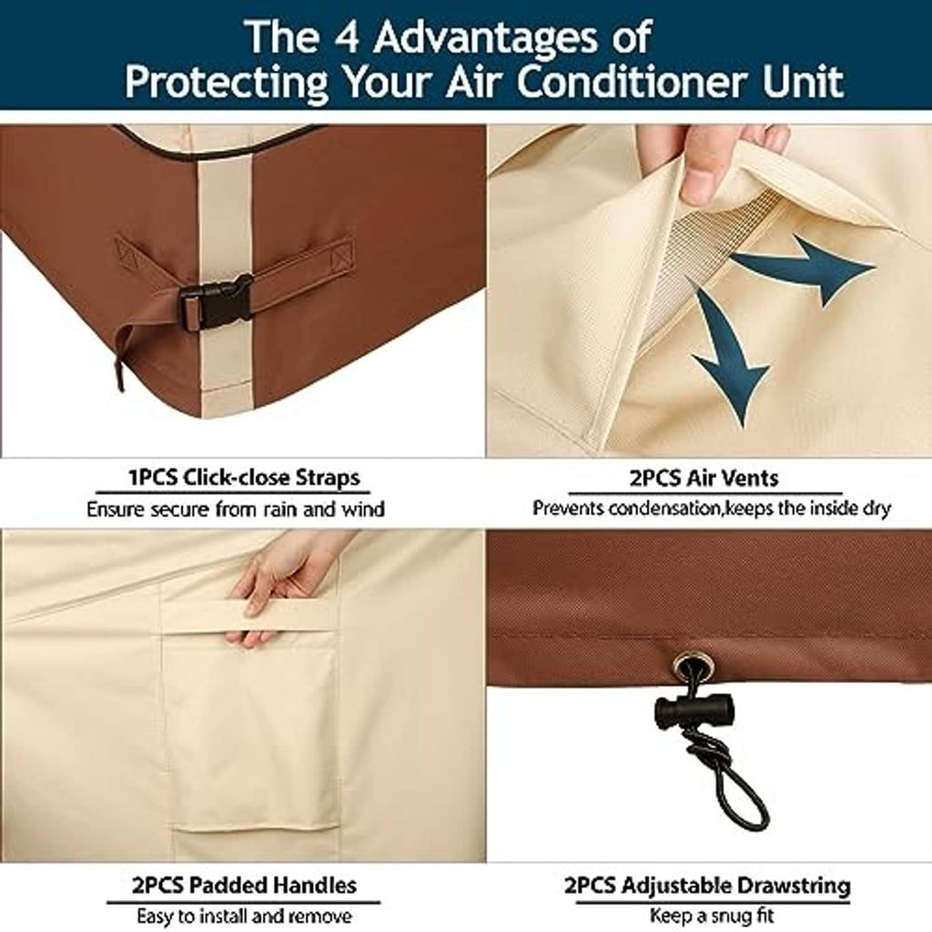 Outdoor AC unit cover with click-close straps, padded handles, and adjustable drawstring