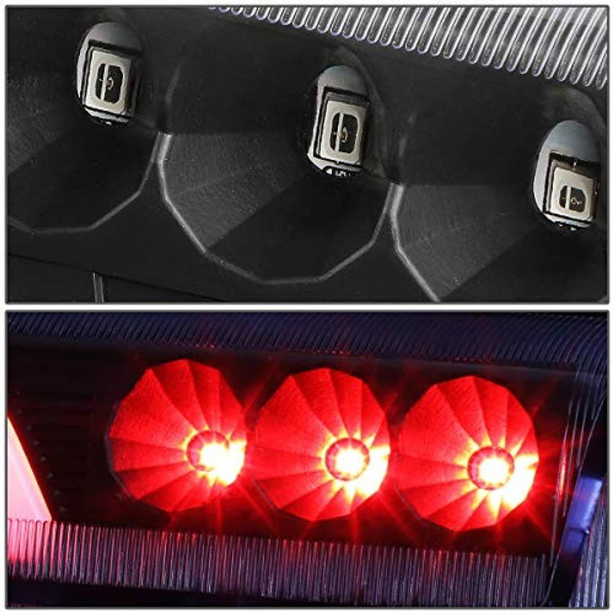 Black LED brake light module with mounting tabs and red LED array