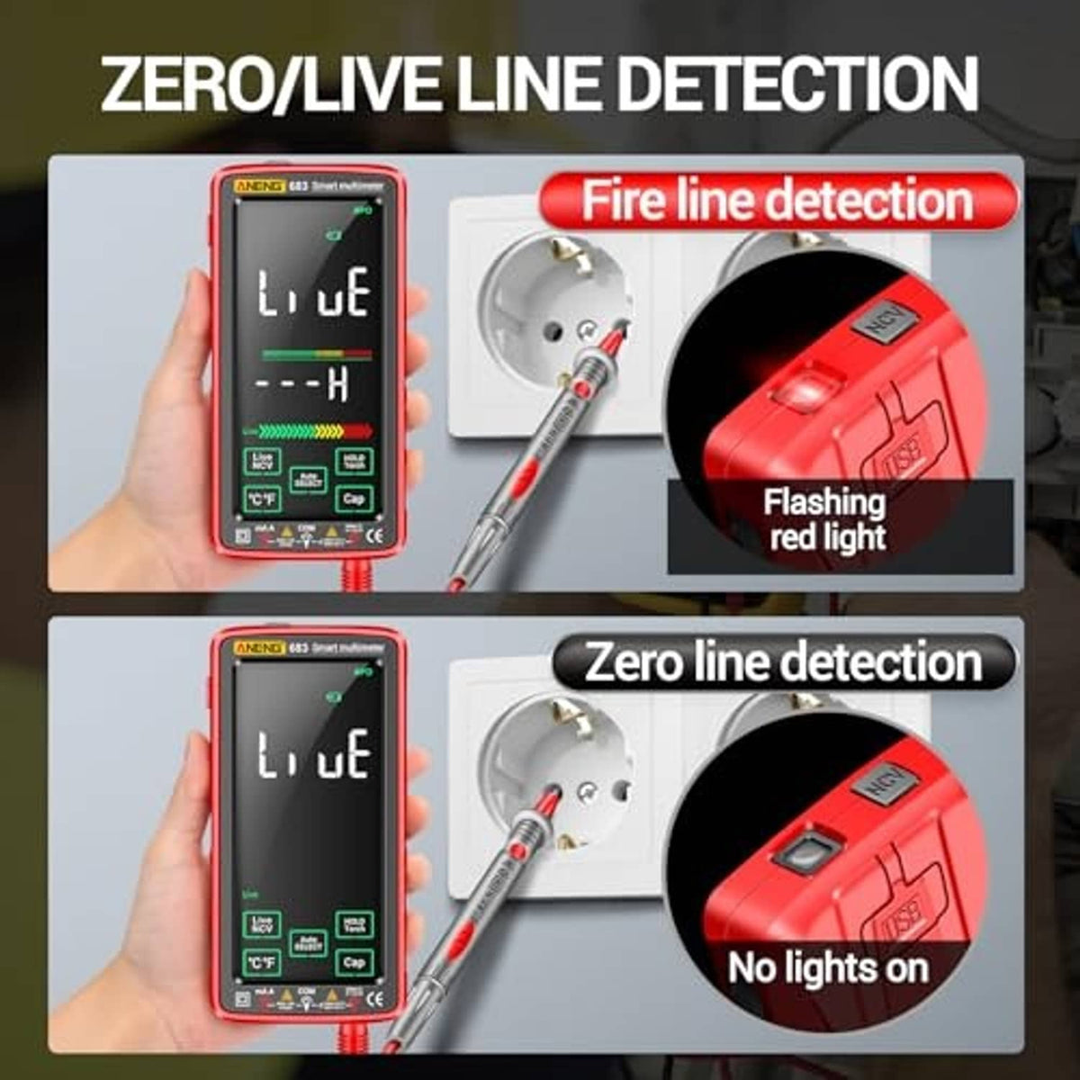 Red smart multimeter with touchscreen, outlet detection probes, and torch light