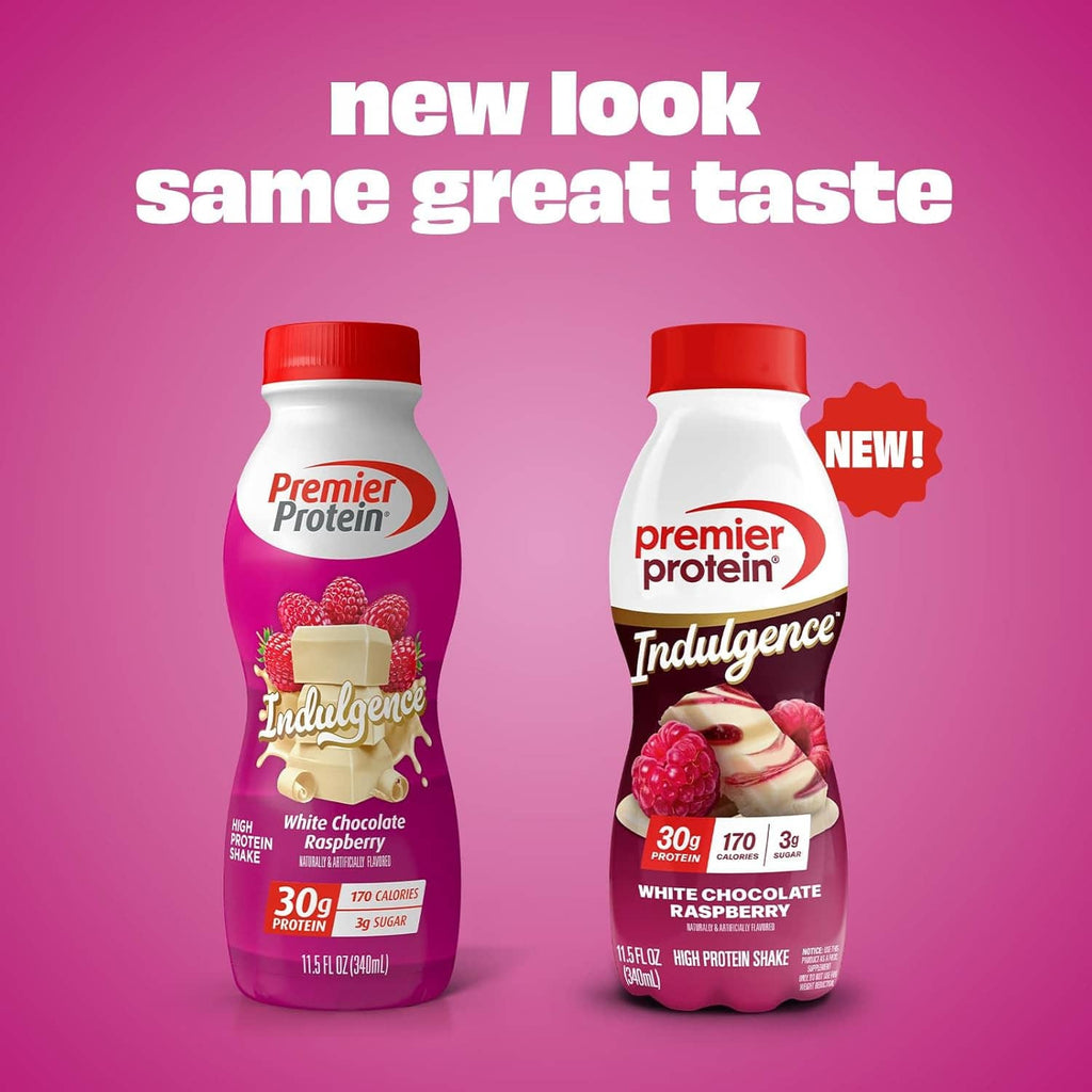 Premier Protein Indulgence protein shake bottles, white chocolate raspberry, two-pack view