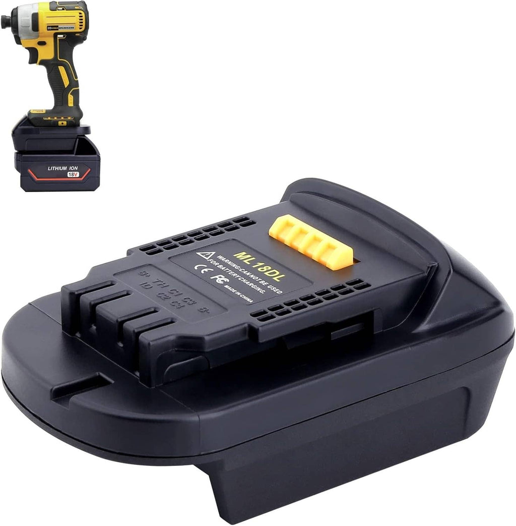 Black ML18DL battery adapter angled view with yellow release latch and vents