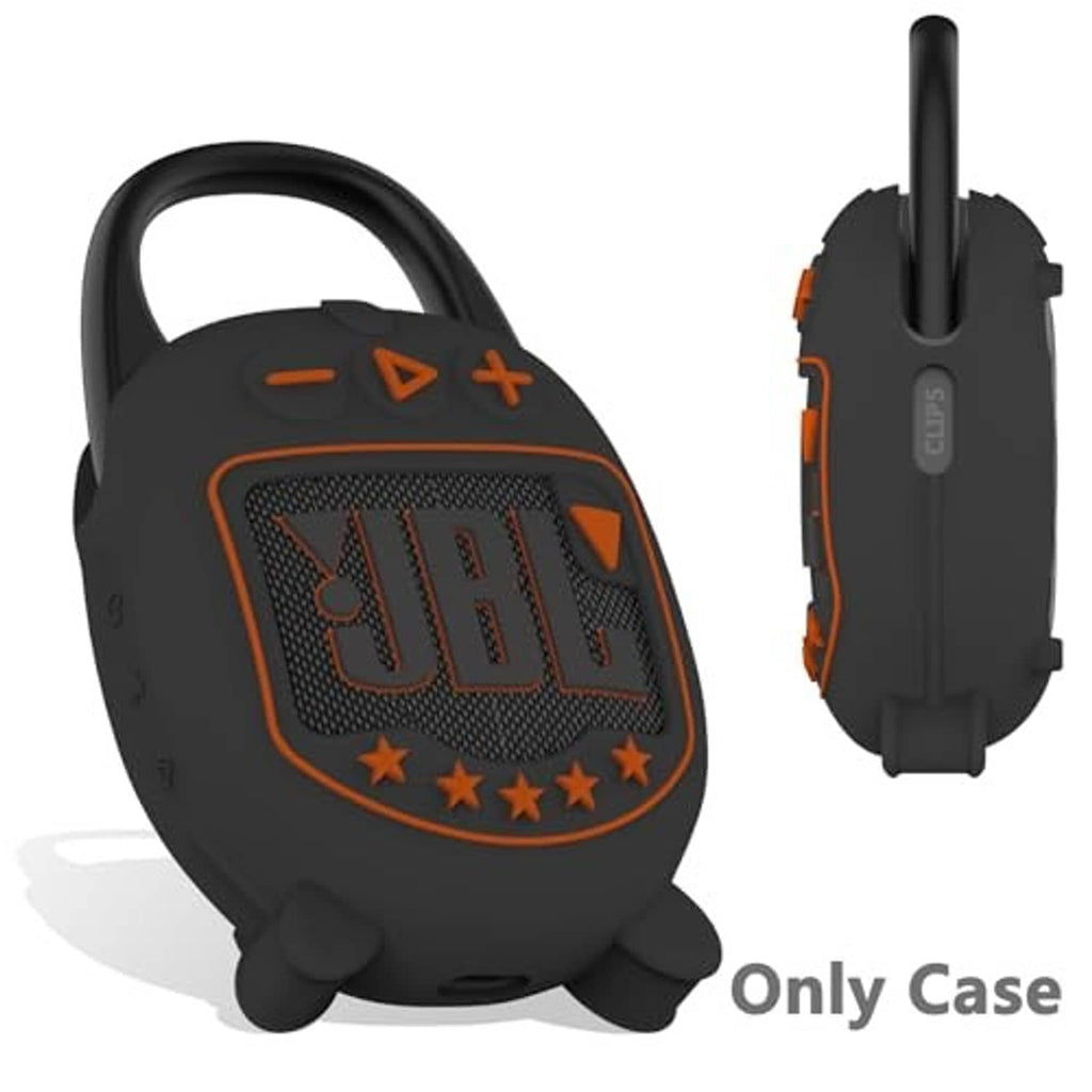Black speaker case with orange star trim; side view shows handle and back profile