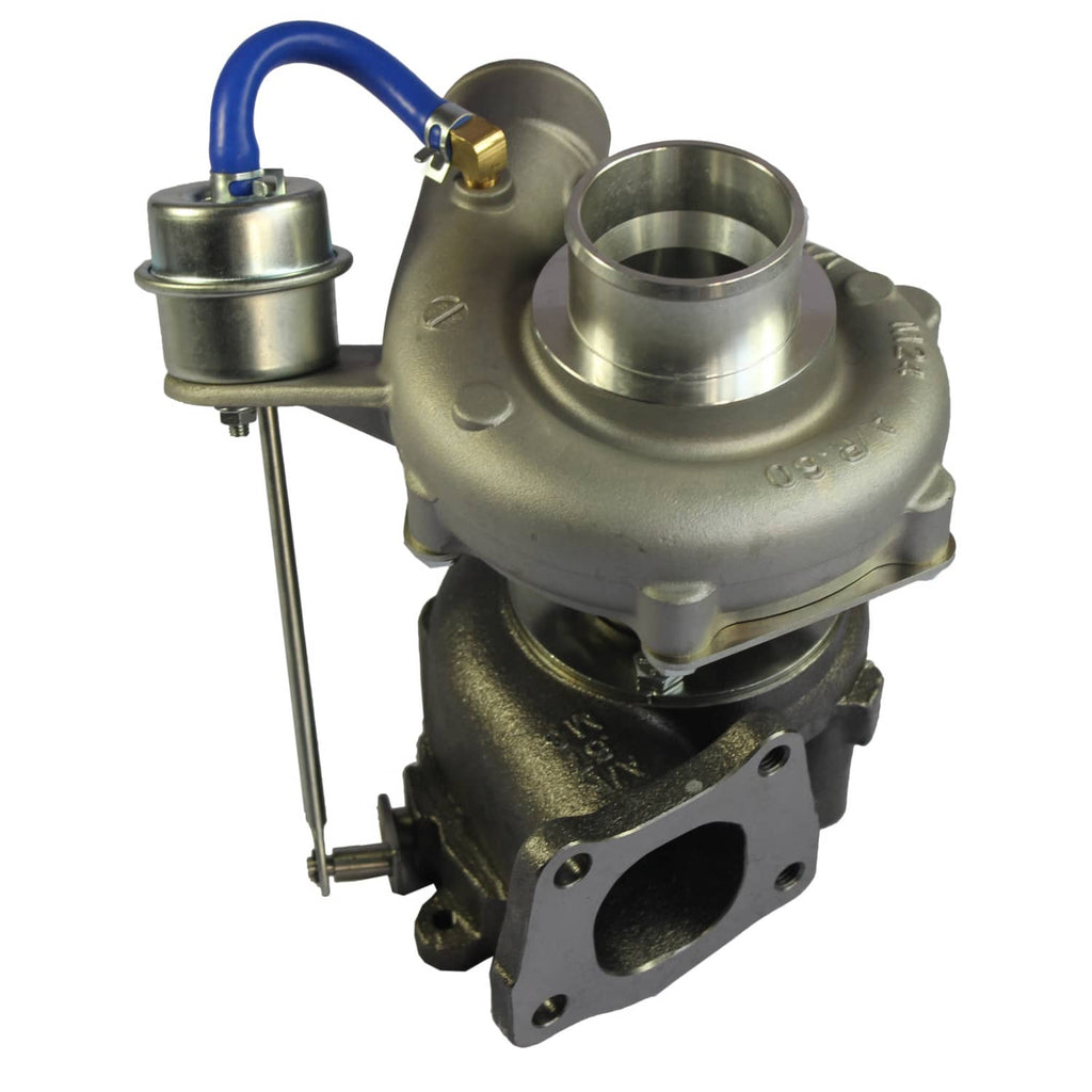 Turbocharger unit with blue hose, metal actuator can, and compressor housing