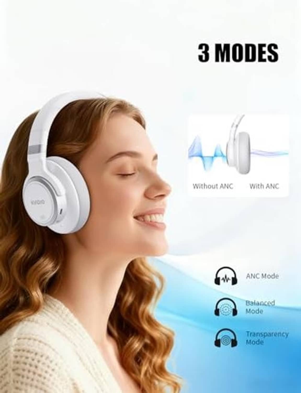 White over-ear headphones on smiling person; KVIO earcups with cushioned headband