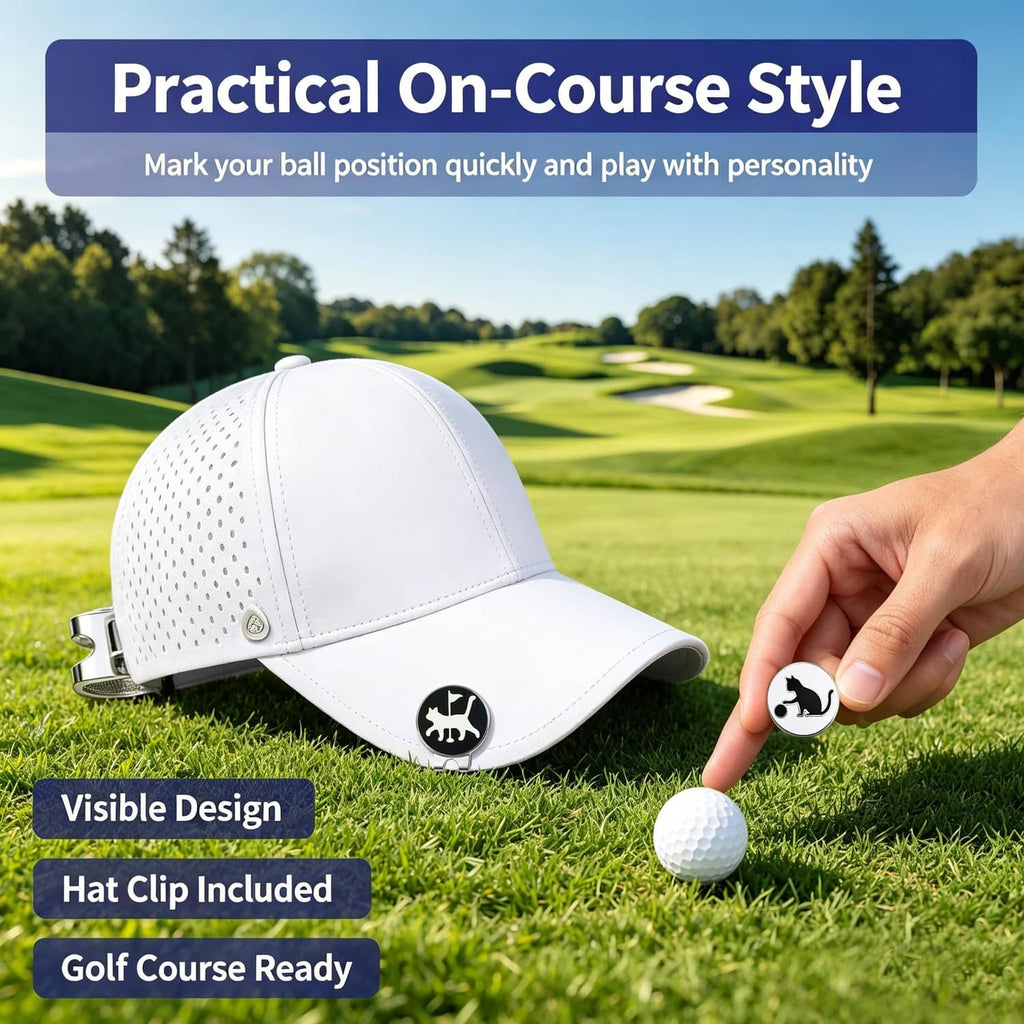 White golf cap with hat clip and cat magnetic golf ball marker disc