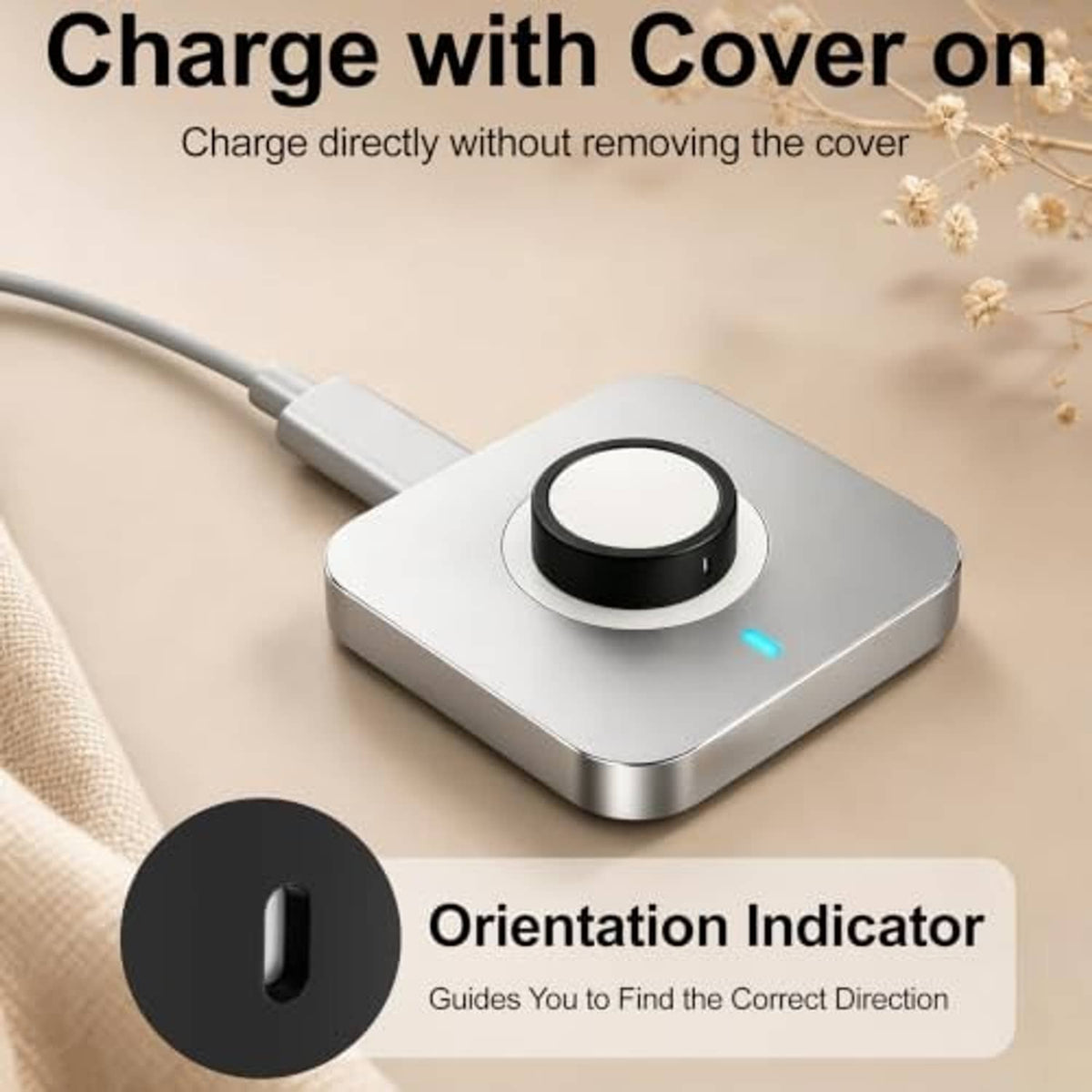 Black silicone ring cover on charging dock with orientation indicator