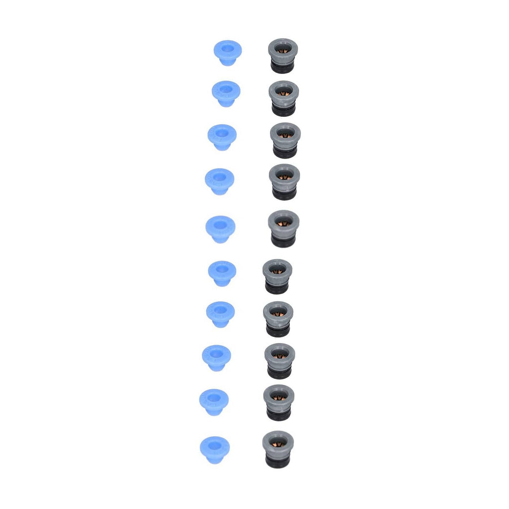 Pneumatic valve connector set, blue caps and black heads in stacked rows