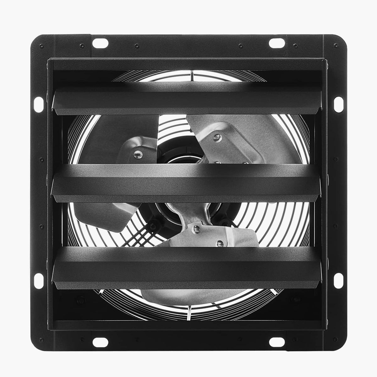 12-inch wall-mount shutter exhaust fan with black louvered housing and fan blades