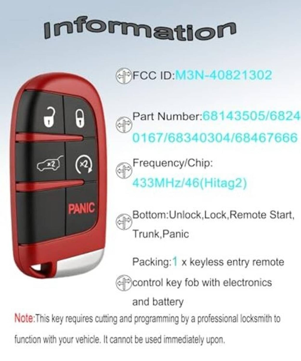 Red and black remote key fob with an information panel listing key details