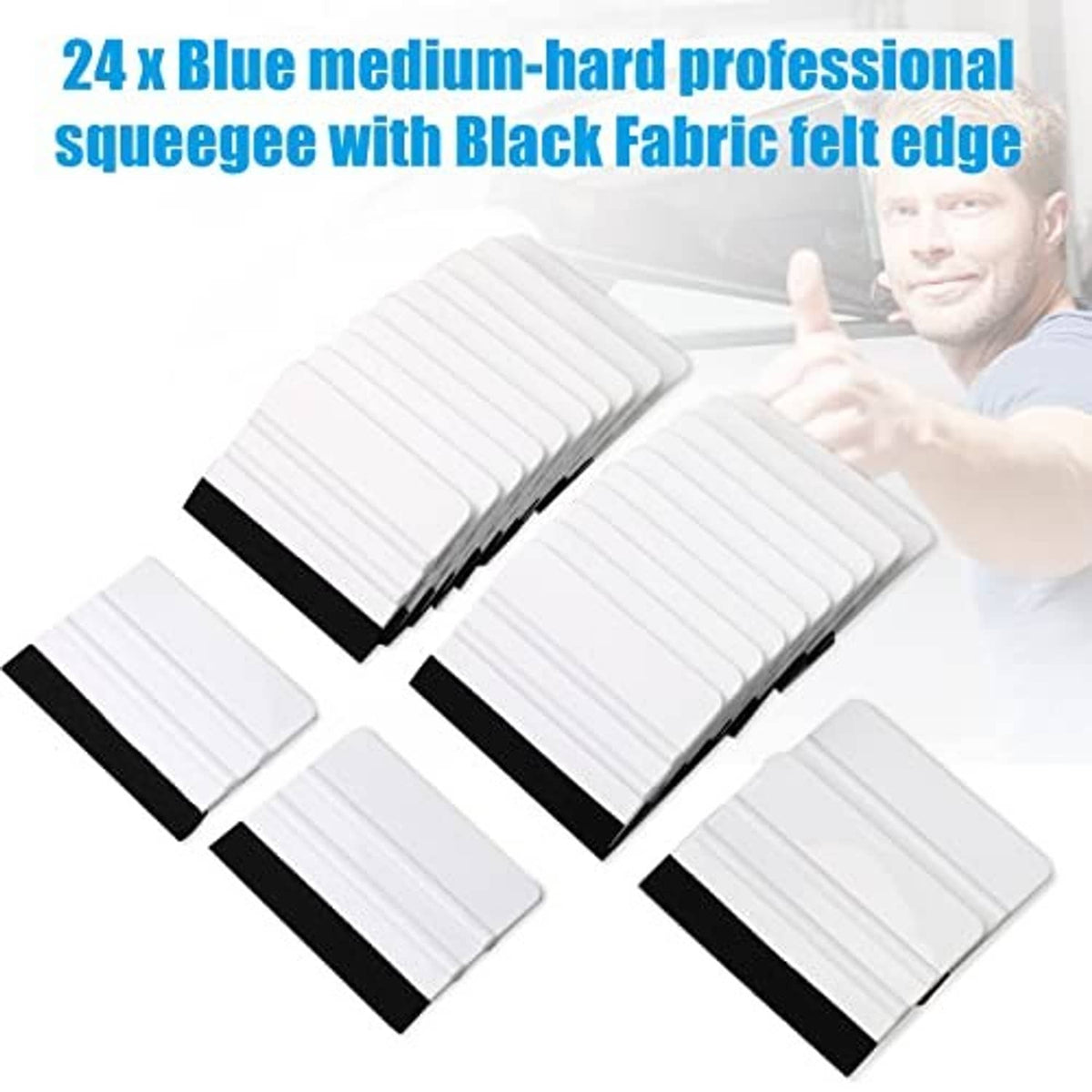 Vinyl squeegee pack with white blades and black fabric felt edges, multiple tools