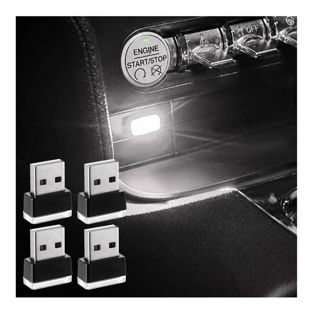 Set of 4 USB LED car interior lights, bright white plugs in black base