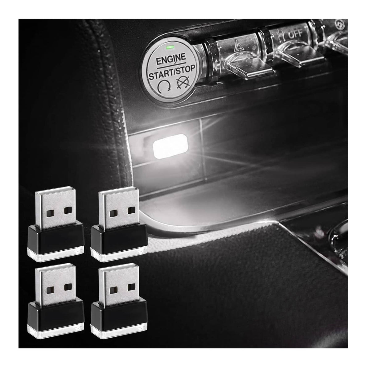 Set of 4 USB LED car interior lights, bright white plugs in black base