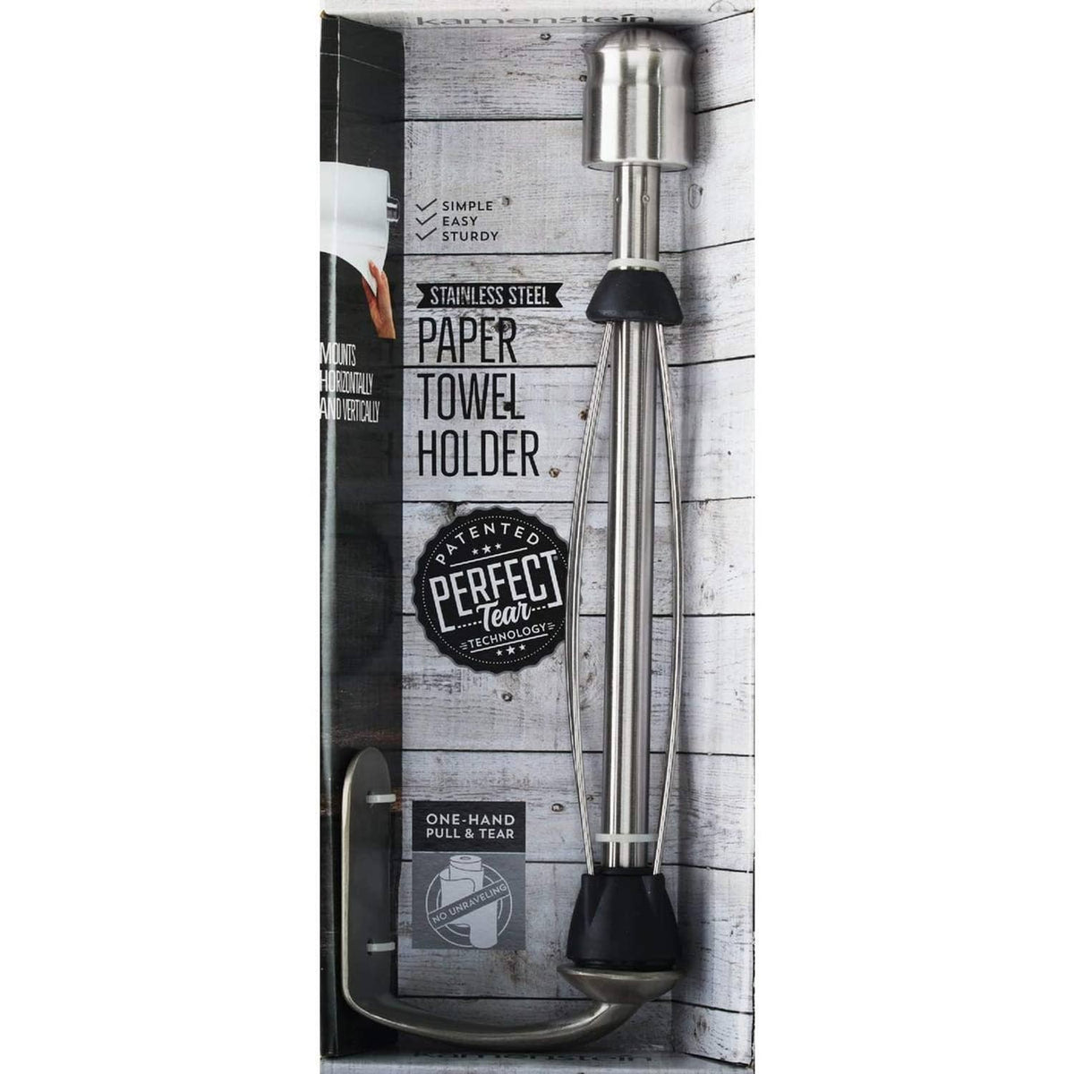 Wall-mounted stainless steel paper towel holder with black end caps and tear bar