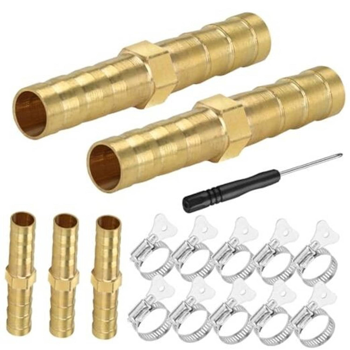 Set of brass barbed hose couplers with metal clamps and 6mm barbed ends