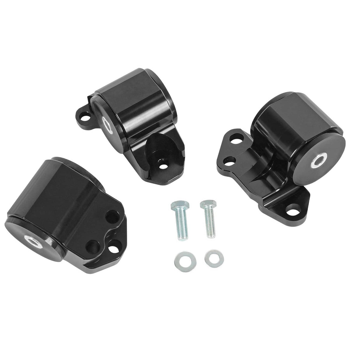 Engine motor mount bracket kit: three black brackets with bolts and washers