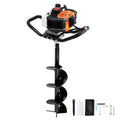 Gas post hole digger with black auger spiral bit, orange engine housing, and handle stand