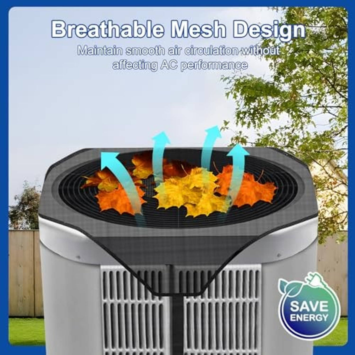 Black mesh AC cover with top fan opening over outdoor unit, breathable design