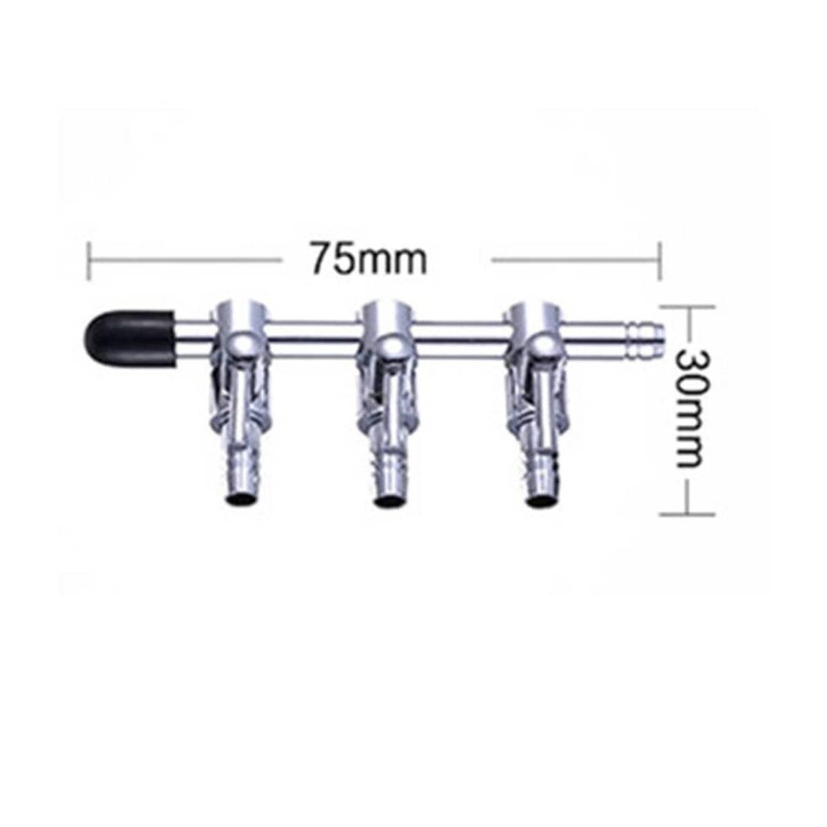 3-way aquarium air line control manifold, three silver valves, size 75mm by 30mm