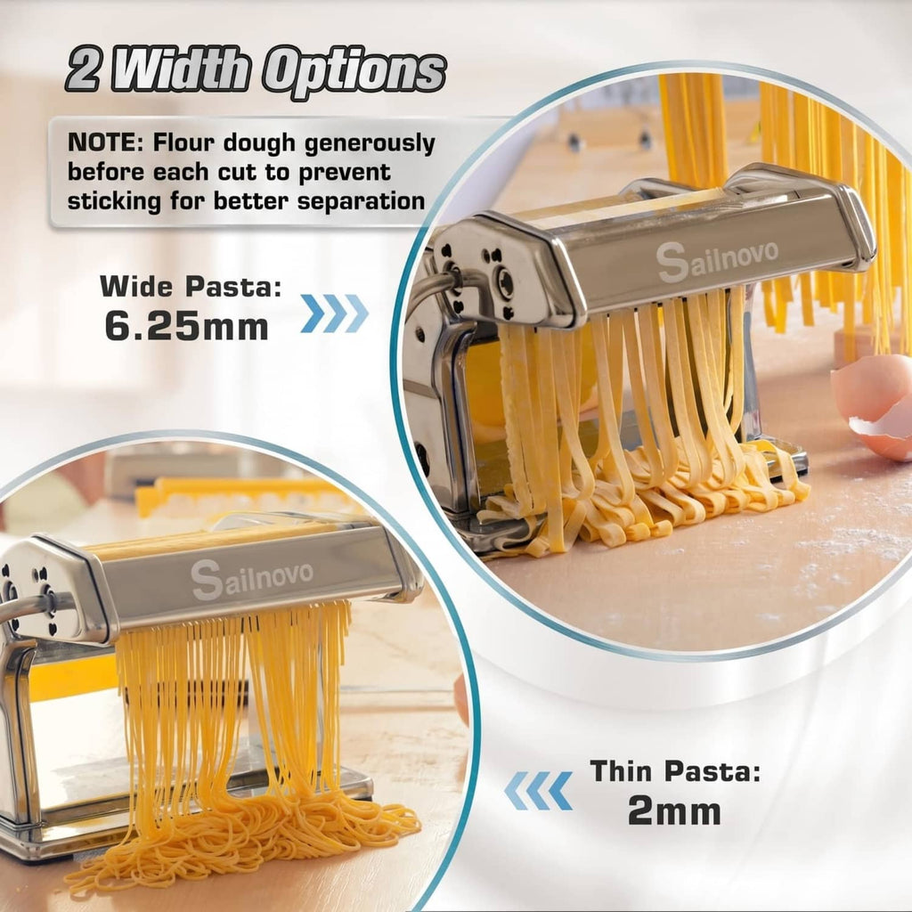 Manual pasta maker feeding dough, showing wide and thin pasta cutting options