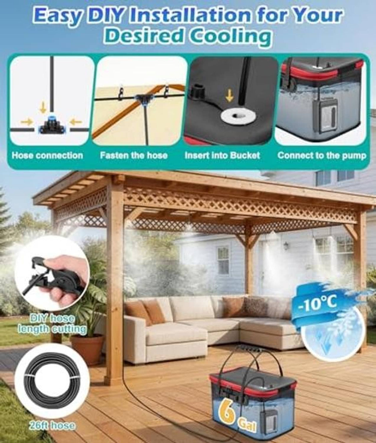 Outdoor misting cooling system with hose connection setup, bucket pump, and mist outlet